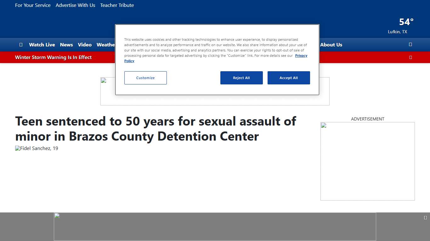 Teen sentenced to 50 years for sexual assault of minor in Brazos County Detention Center
